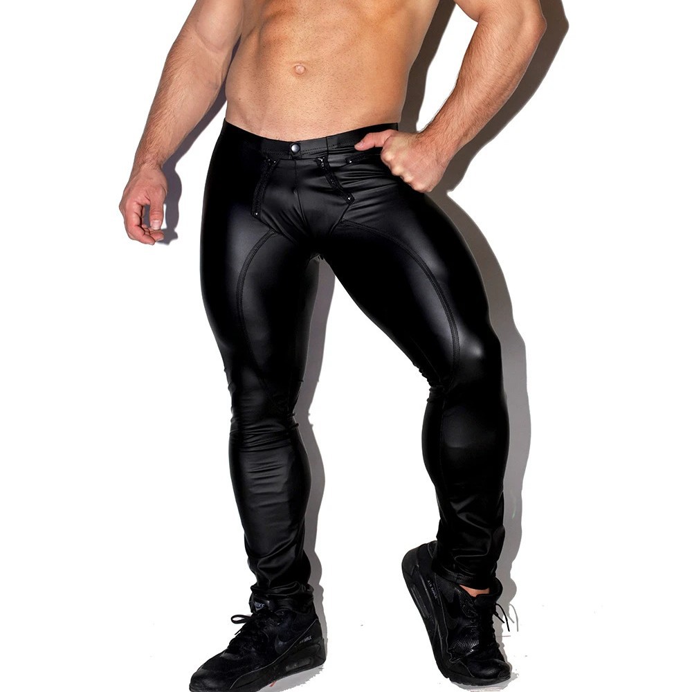 Leather Work Pants - Calças justas de couro falso brilhante