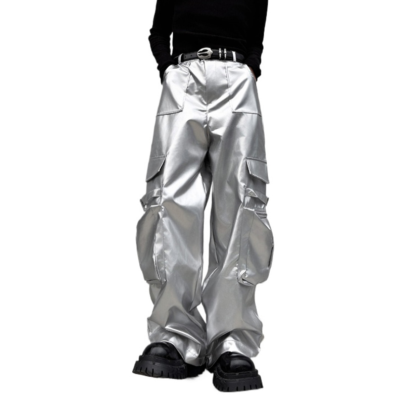 Leather Work Pants - Calça de couro prateada masculina streetwear