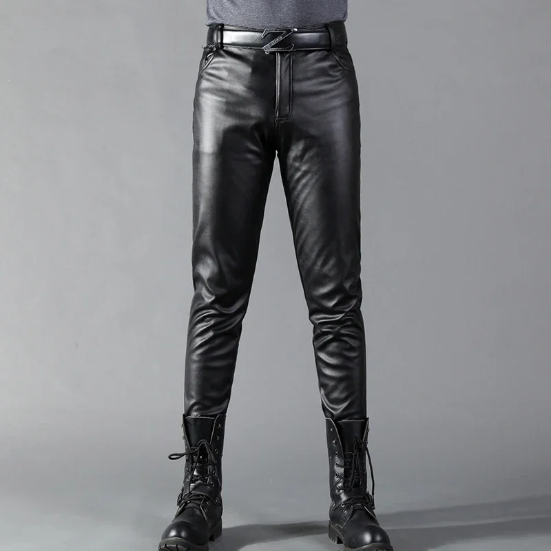 Leather Work Pants - Calças de couro masculino magro ajuste