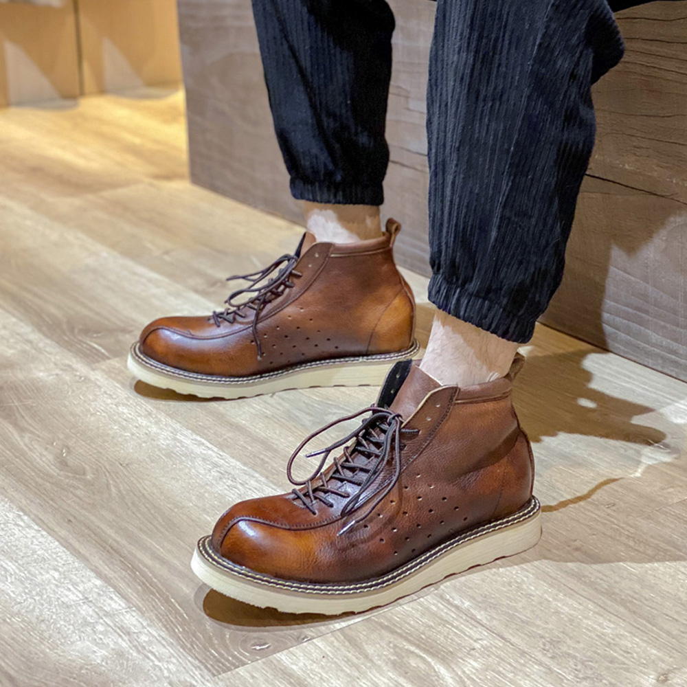 Leather Work Outfit - Botas masculinas de couro genuíno vazadas