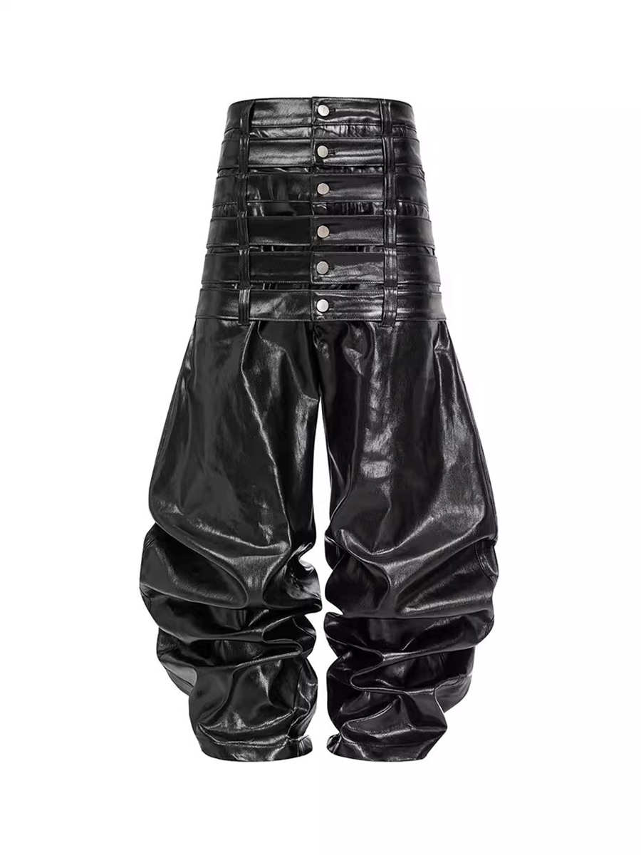 Leather Work Pants - Mauroicardi outono longo multi-cintura brilhante preto