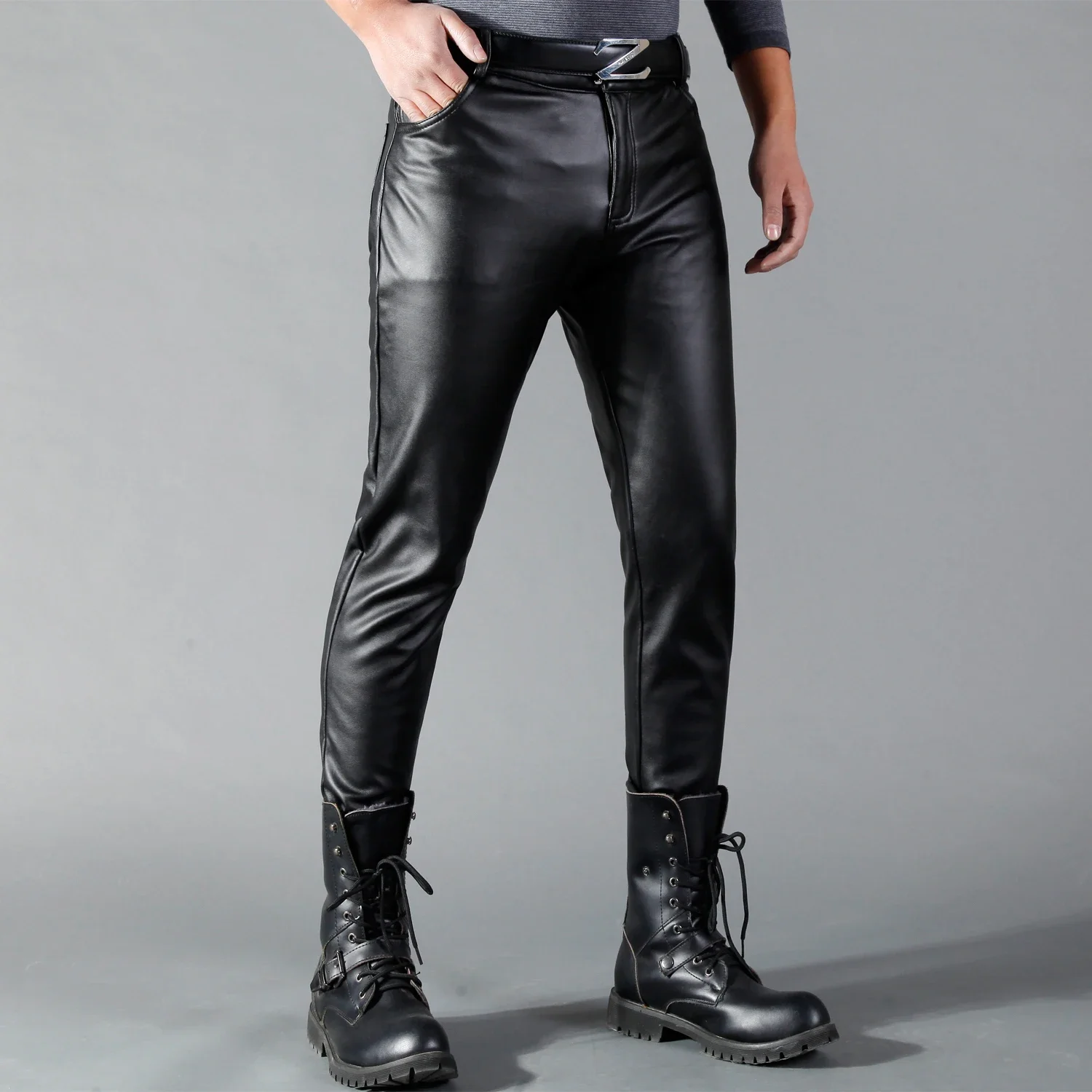 Calças de couro masculino magr - Leather Work Pants avaliação e preço