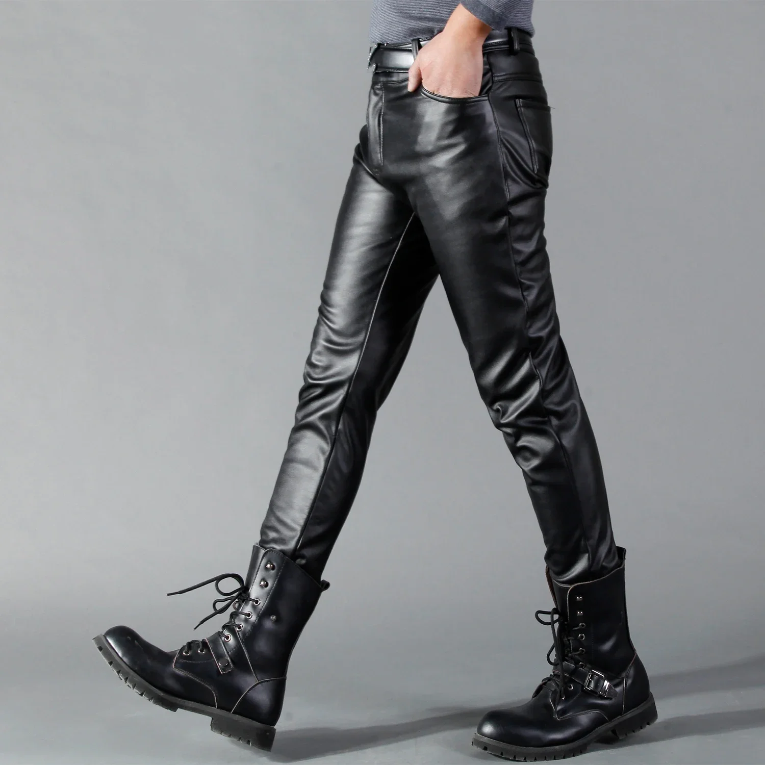 Calças de couro masculino magr - Leather Work Pants avaliação e preço